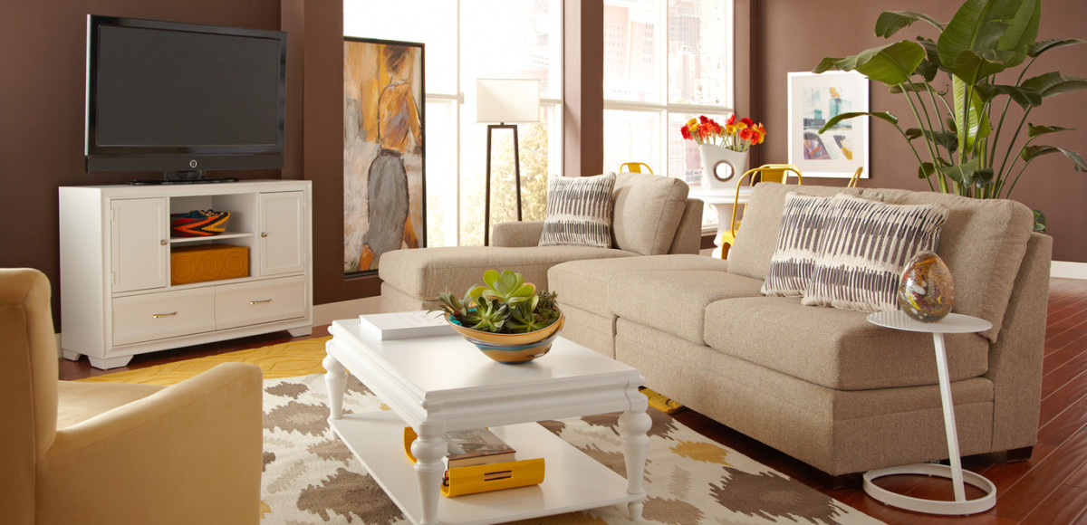 Living room with yellow accents
