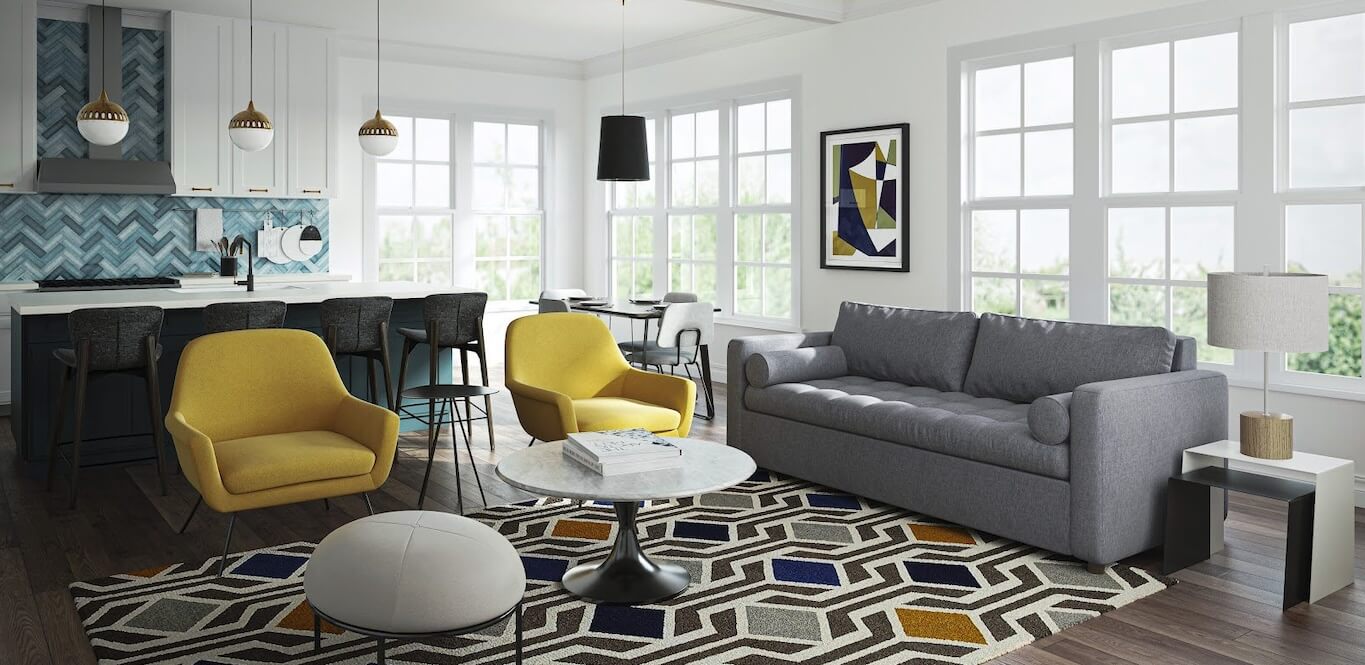 A small living room with several yellow chairs and a grey sofa.