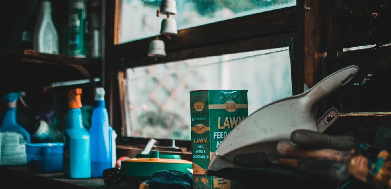 Cleaning and lawn products near window in garage.