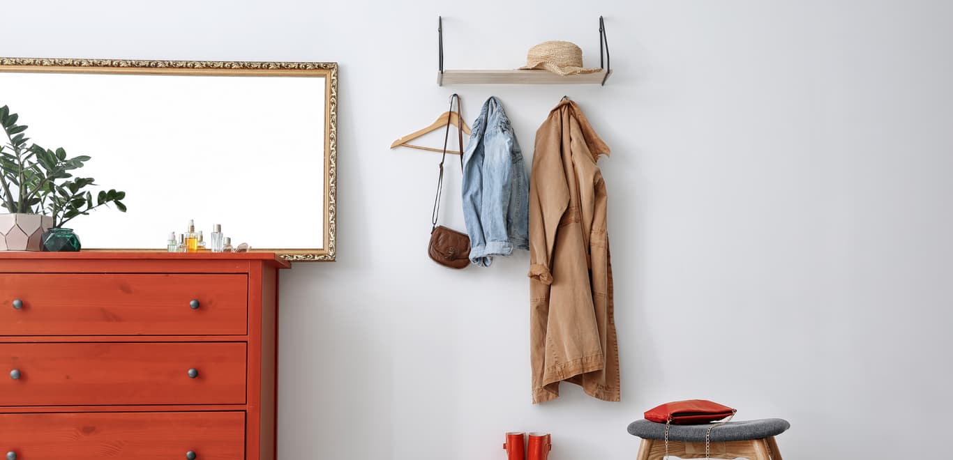 Entryway decor featuring coat racks, dressers, and a mirror