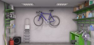 Tiday garage with green shelving and storage and a displayed bike on rack.