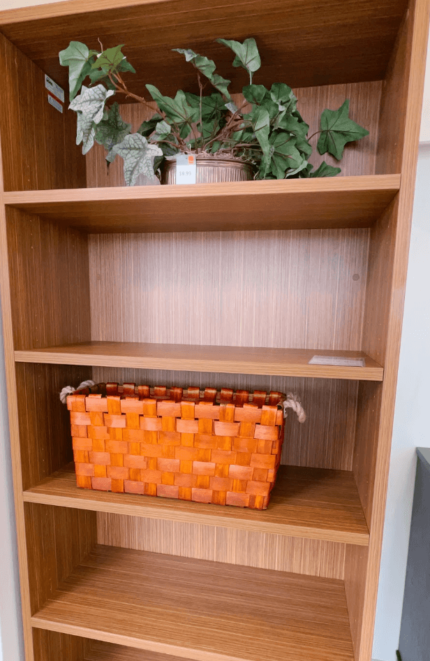 A solid wood bookcase with a decorative plant on one shelf.