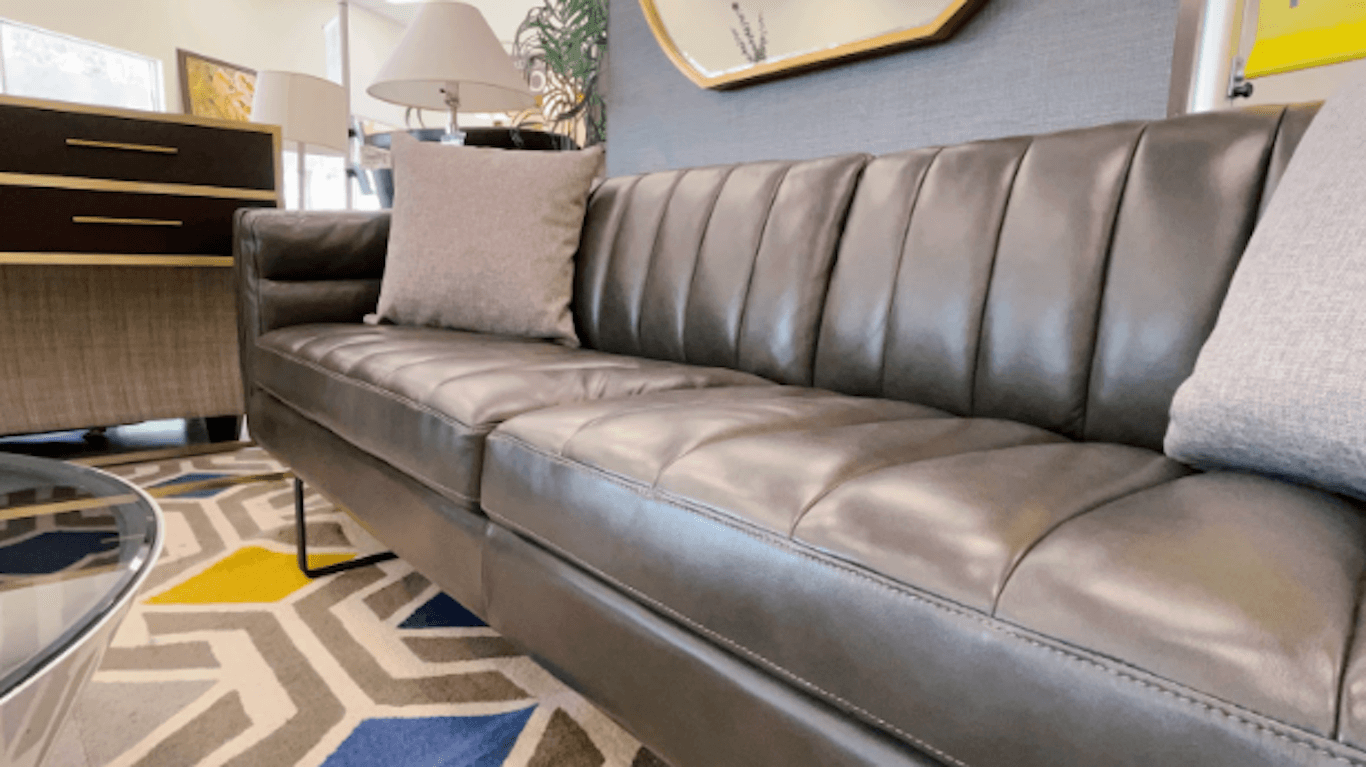 A timeless grey leather sofa.