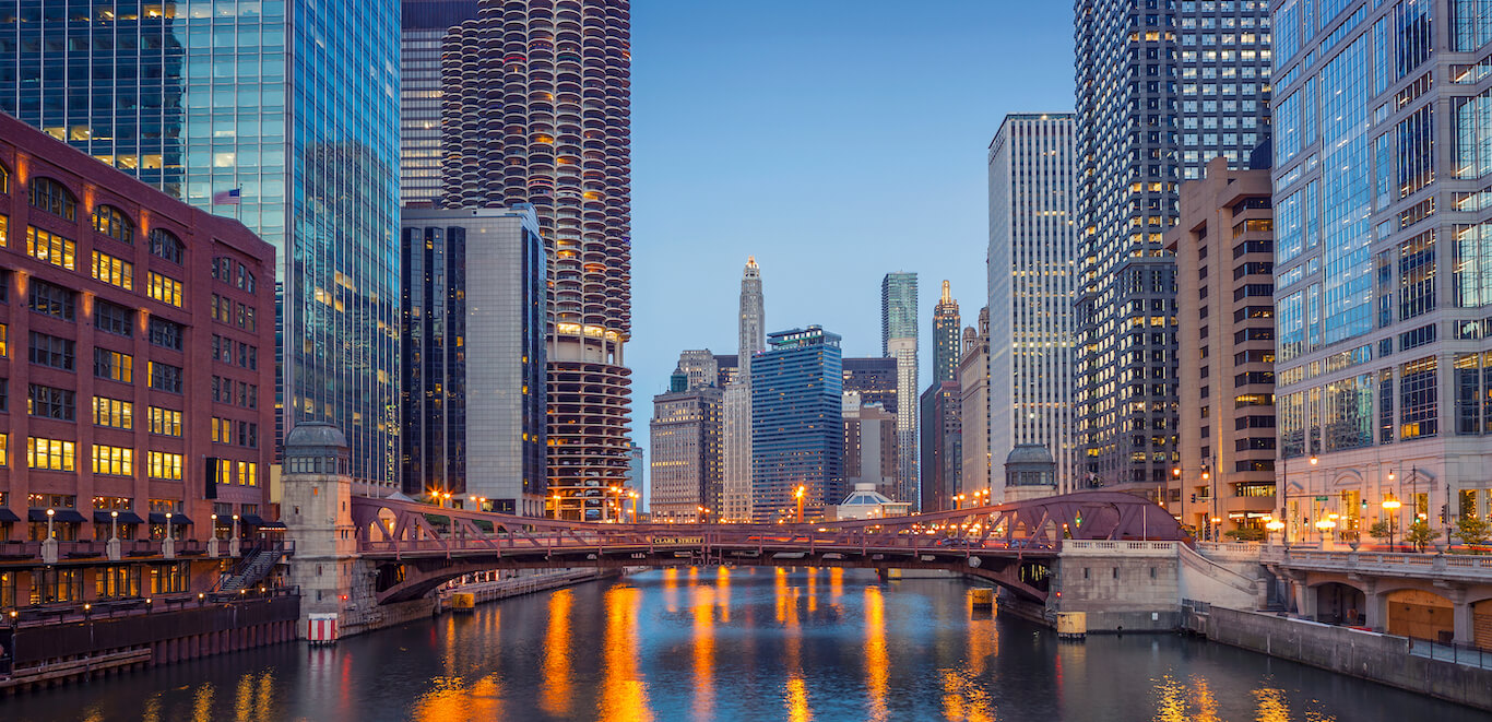 The Chicago skyline at twilight.