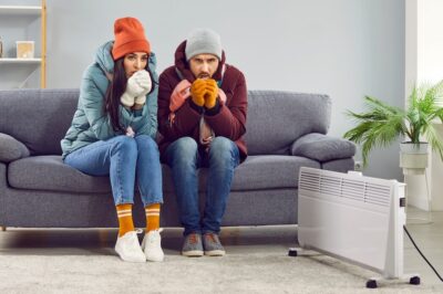 A young couple bundled up in front of the heater, trying to stay warm.