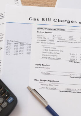 Gas bills on a table with a calculator, pen, and glasses.