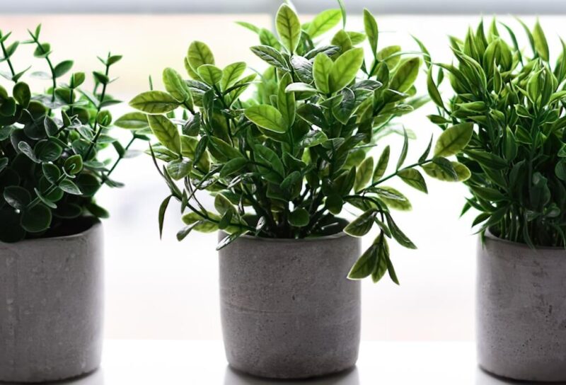 Three artificial plants in pots, sitting on a windowsill.