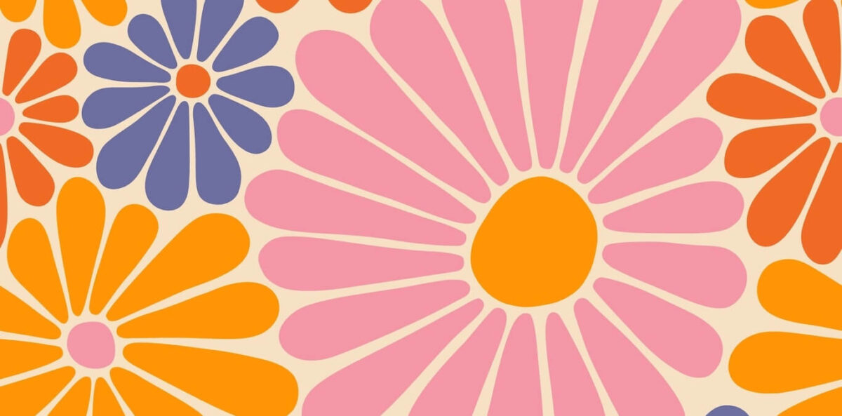 A groovy, 70s-inspired flower pattern in pink, purple, and orange.