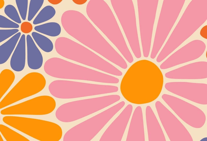 A groovy, 70s-inspired flower pattern in pink, purple, and orange.