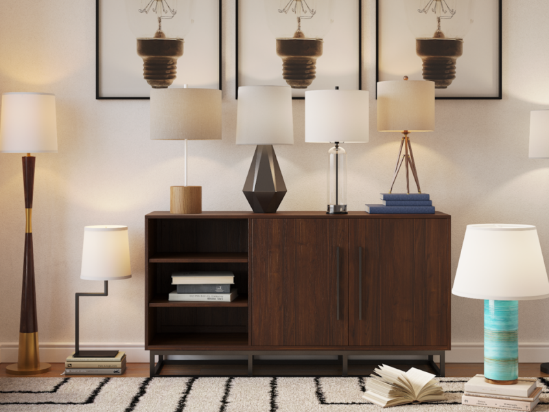 Side table in stylish neutral living room with different accent light table lamps from CORT Furniture Outlet across the surface, a stylish patterned rug, faux plants, and modern wall art ideas depicting light bulbs.